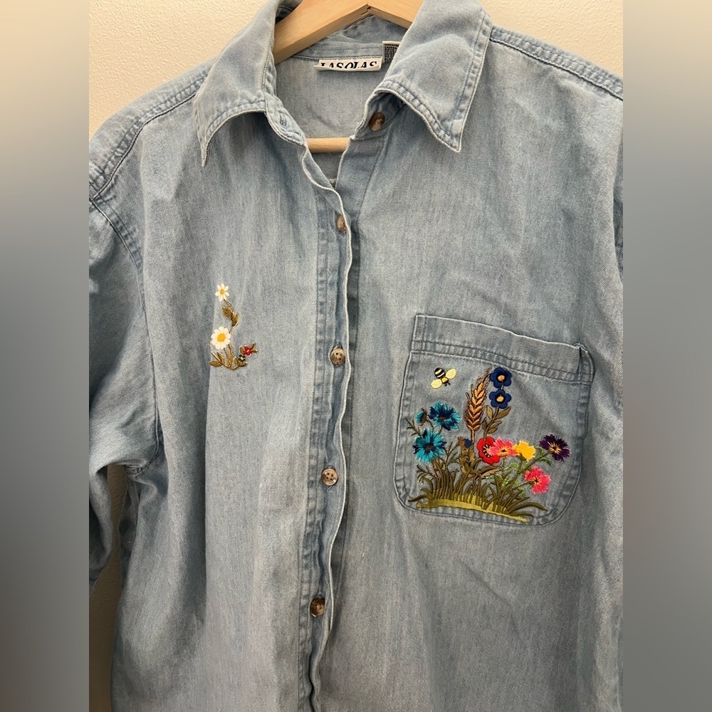 Embroidered Light Blue Denim Shirt - Women - Picture 3 of 7
